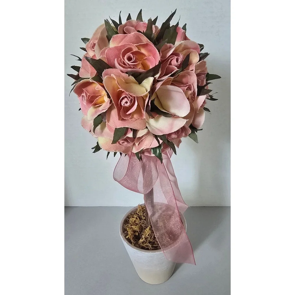 Pink Faux Rose Topiary Arrangement Whitewashed Pot Floral Home Decor 12 Inch